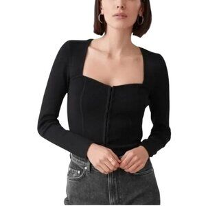 & Other Stories Ribbed Hook & Eye Corset Long Sleeve Blouse EU Sz M Black